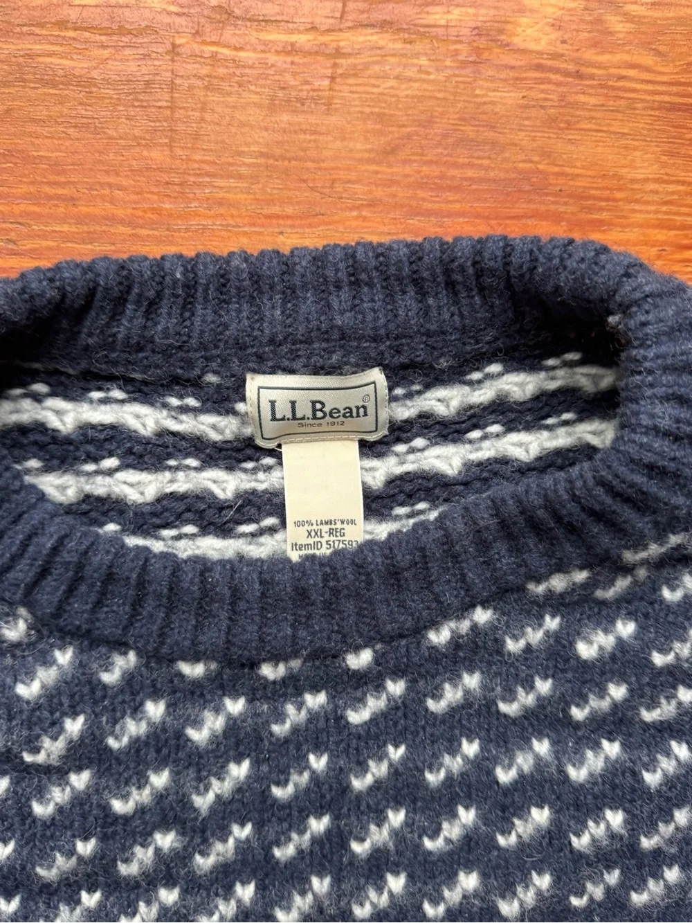 Men’s L.L. Bean Navy and White Patterned Crewneck Wool Sweater